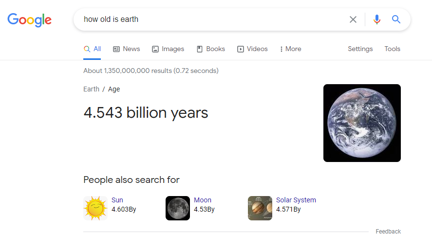 how old is earth serp snippet