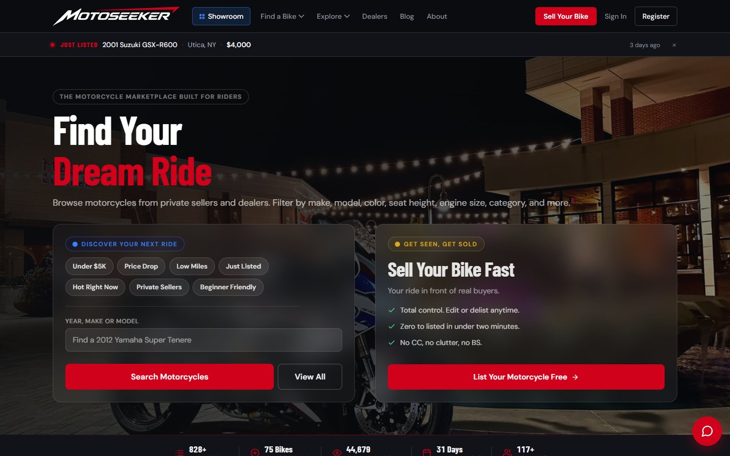 The MotoSeeker homepage: search, filters and a sell-your-bike panel